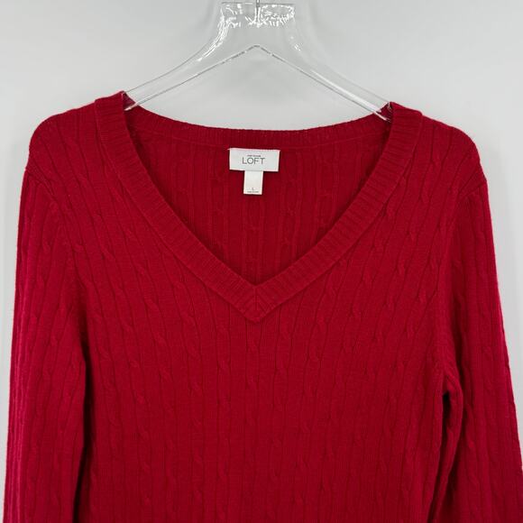Ann Taylor LOFT sweater L pullover V neck cable knit rabbit hair blend red - Picture 2 of 6